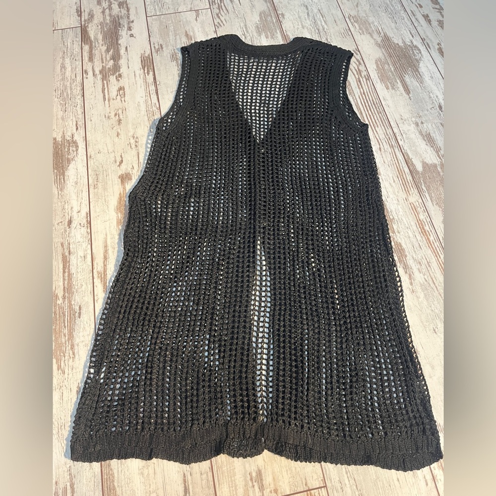 Black Crochet Maxi Vest Cover Up Button Down Gold Buttons XL NWOT - Picture 14 of 16